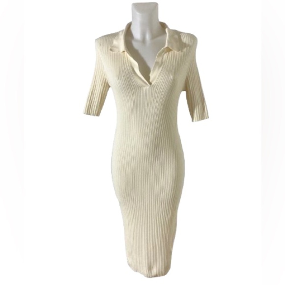 Vero Moda Holly 2/4 Polo Dress Tall Ribbed T-Shirt Midi Cream Dress XL - Picture 2 of 15